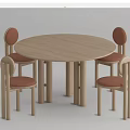 Round Light Wood Dining Table Set with Four Orange Cushioned Chairs 3d model