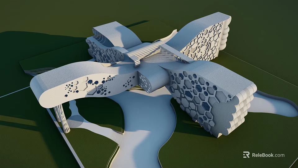 Modern School Building With Unique Geometric Structure Honeycomb Design And Green Lawn Water Channel 3d model 
