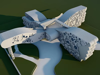 Modern School Building With Unique Geometric Structure Honeycomb Design And Green Lawn Water Channel 3d model