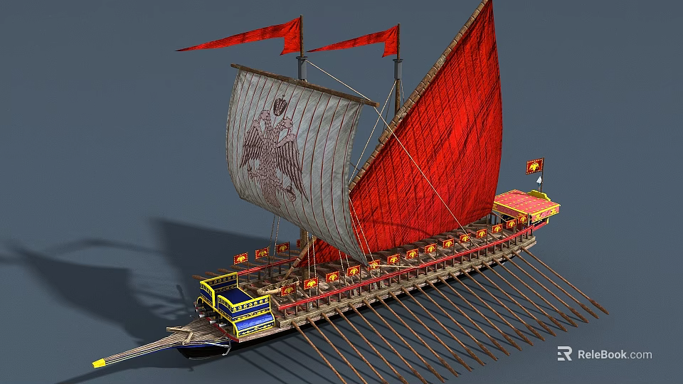 Ancient Wooden Ship With Red Sails Red Flags Multiple Oars And Decorative Details 3d model