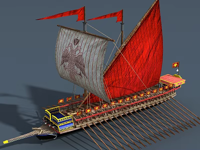 Ancient Wooden Ship With Red Sails Red Flags Multiple Oars And Decorative Details 3d model