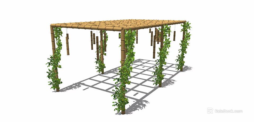 Wooden Pergola with Lattice Top Green Vines and Hanging Decorations 3d model 