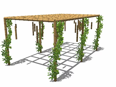 Wooden Pergola with Lattice Top Green Vines and Hanging Decorations 3d model