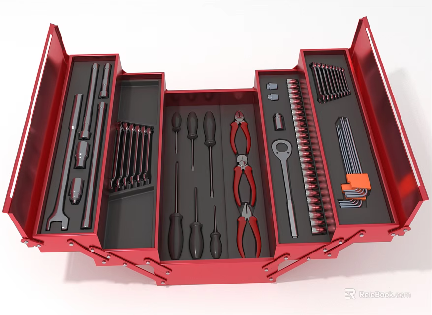 Hardware Tools Set in Red Open Toolbox with Wrenches Screwdrivers Pliers and Sockets 3d model 