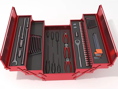 Hardware Tools Set in Red Open Toolbox with Wrenches Screwdrivers Pliers and Sockets 3d model