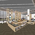 Buffet Restaurant With Wooden Partitions Long Dining Counters Abundant Dishes Large Windows And Bright Interior