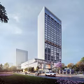 Modern Hotel Building Exterior Design Featuring Glass Facade Grand Entrance And Paved Plaza Lighting