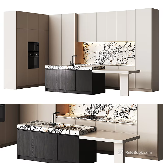 Modern Kitchen Interior Design With Marble Backsplash Island Countertop And Cabinets 3d model 