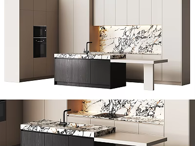 Modern Kitchen Interior Design With Marble Backsplash Island Countertop And Cabinets 3d model