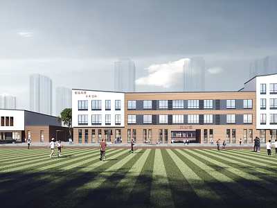 Modern School Building With Vast Lawn And Students Playing Outside 3d model