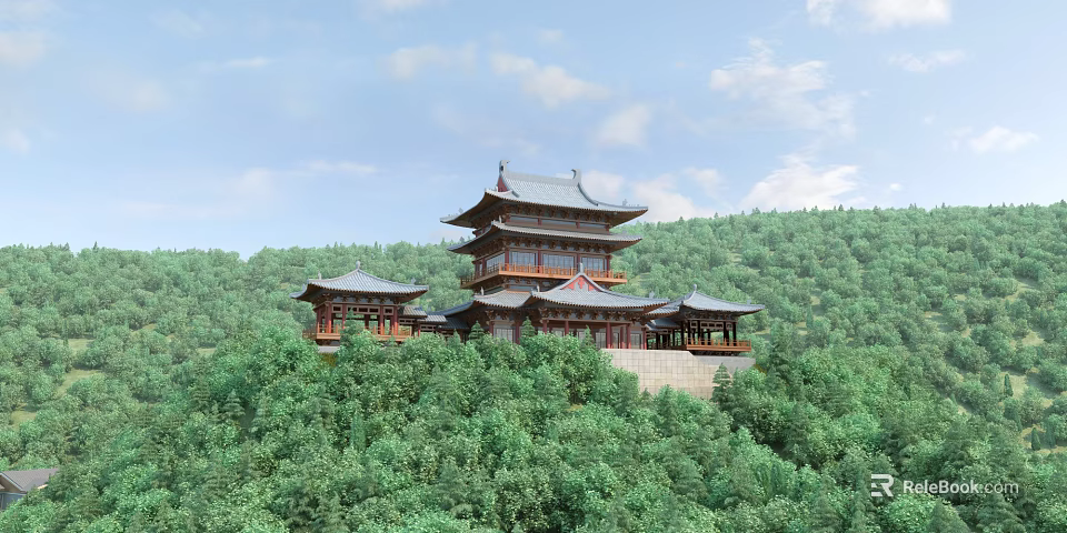 Ancient Chinese Pavilion with Multi Story Wooden Structure Surrounded by Lush Green Trees 3d model 
