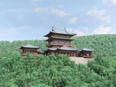 Ancient Chinese Pavilion with Multi Story Wooden Structure Surrounded by Lush Green Trees 3d model