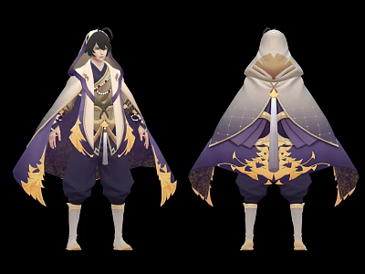 Hooded Fantasy Character Costume Design With Purple Gold Robe Ornaments Front Back Views 3d model
