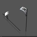 Two Outdoor Lights with Flags Featuring Airplane Design and Black Poles 3d model