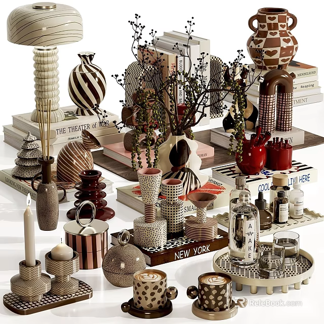 Stylish Decorative Ornament Set With Vases Candles Books And Geometric Patterns 3d model 