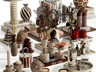 Stylish Decorative Ornament Set With Vases Candles Books And Geometric Patterns 3d model