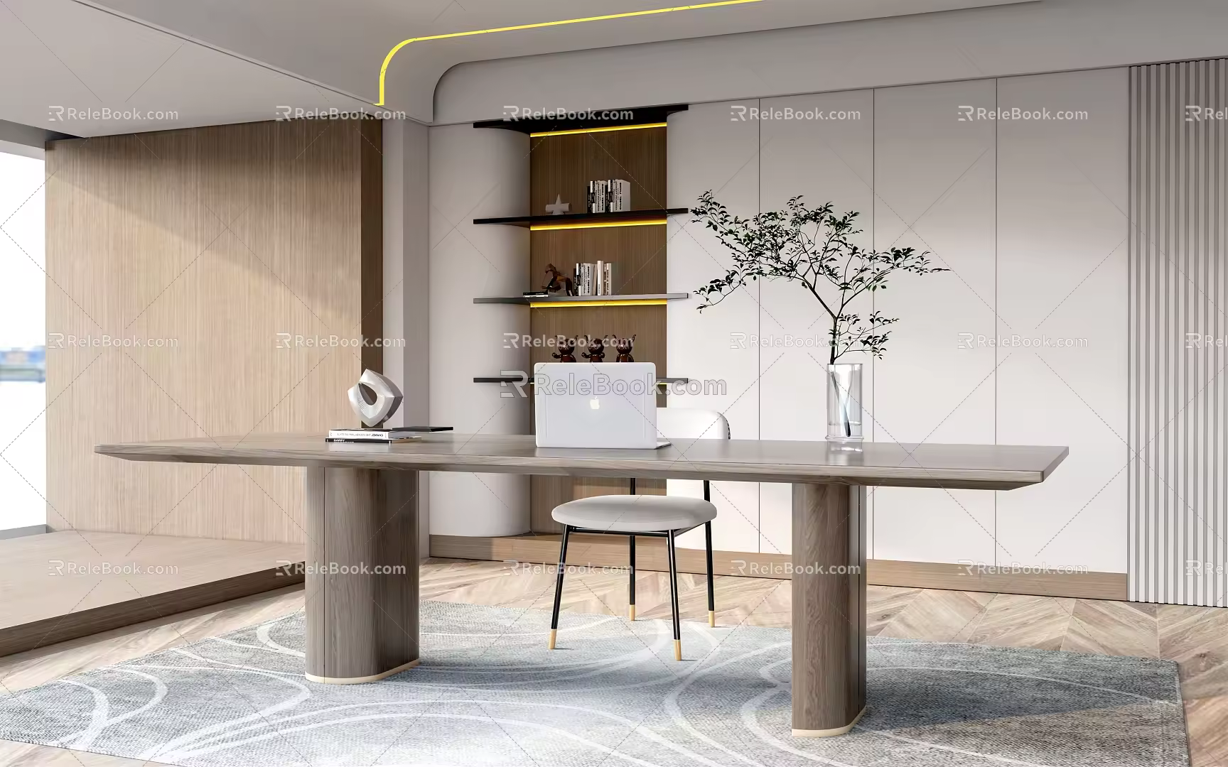 Modern Study Bookshelf Bookcase Desk and Chair Decorative Cabinet 3d model