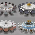 Stylish Round Dining Table Set Featuring Various Chairs Tableware And Decorative Centerpieces 3d model