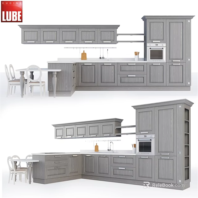 Gray Modern Kitchen Cabinets Interior With Island Counter Dining Table And Chairs 3d model 