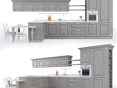 Gray Modern Kitchen Cabinets Interior With Island Counter Dining Table And Chairs 3d model