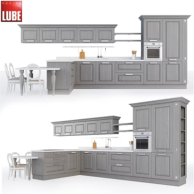 Gray Modern Kitchen Cabinets Interior With Island Counter Dining Table And Chairs 3d model