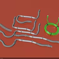 Collection of Grey Curved Pipes with Green Coiled Cable on Red Surface