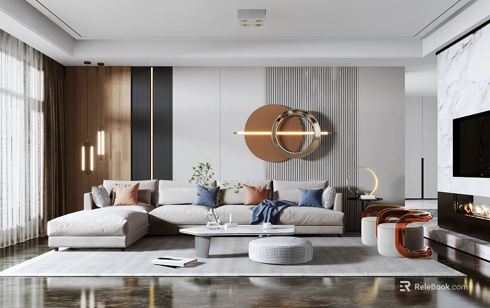 Modern Living Room Interior With Large Sofa Round Decorative Mirror And Minimalist Coffee Table 3d model 