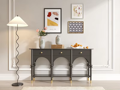 Gray Entryway Console Table With Gold Accents Decorative Paintings Vase And Fruits In Living Room 3d model