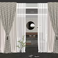 Gray Linen Curtains With Sheer Layers In Modern Bedroom With Round Mirror