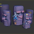 Cartoon Game Characters Purple Block Multiple Forms And Central Jumping Figure Blue Pants Red Shoes