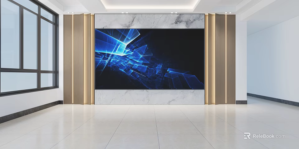 Modern Interior Background Wall With Blue Geometric Design Gold Vertical Frames And Marble Base 3d model