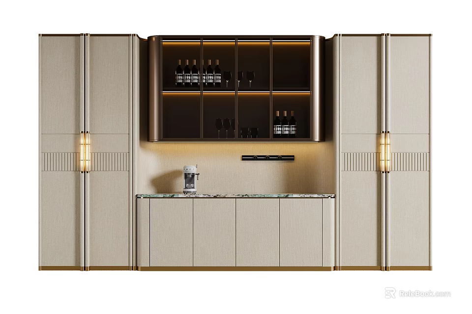 Large Capacity Luxury Sideboard Cabinet With Built In Wine Display And Warm Ambient Lighting 3d model 