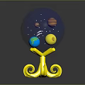 Space Themed Decorative Ornament Set With Transparent Globe Yellow Curved Base And Inner Planets Asteroid