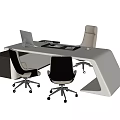 Modern Office Desk With Sleek Design Three Gray Black Office Chairs And Laptop