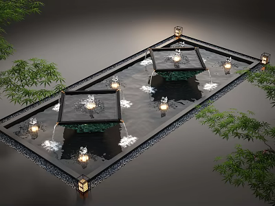Elegant Square Water Fountain with Gentle Water Sprays Decorative Lighting and Green Plants 3d model