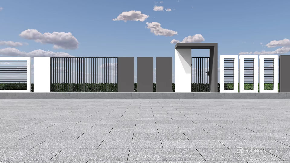 Modern Metal Slat Fence With Gate In Plaza Area Under Blue Sky 3d model 