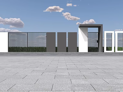 Modern Metal Slat Fence With Gate In Plaza Area Under Blue Sky 3d model
