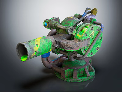 Green Mechanical Weapon with Rusty Barrel Yellow Markings and Turret Structure 3d model