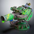 Green Mechanical Weapon with Rusty Barrel Yellow Markings and Turret Structure 3d model
