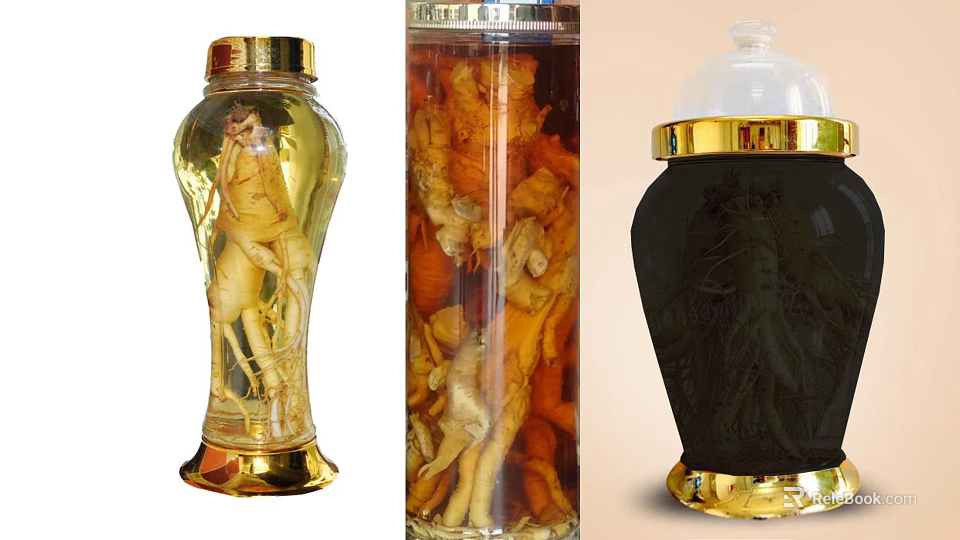 Transparent And Dark Glass Soaking Bottles With Golden Accents For Ginseng Preservation 3d model 