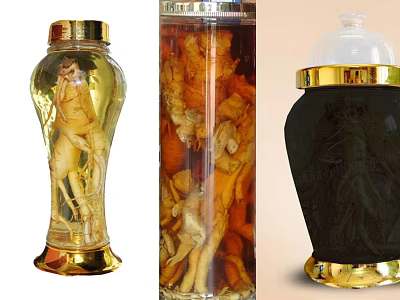 Transparent And Dark Glass Soaking Bottles With Golden Accents For Ginseng Preservation 3d model