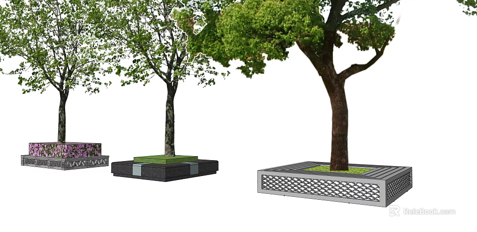 Modern Simple Tree Pit Design With Grid Pattern Base And Green Leafy Trees 3d model