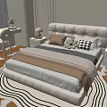 Double Bed With White Tufted Headboard Brown Blanket Checkered Pillow And Sunlit Cozy Bedroom