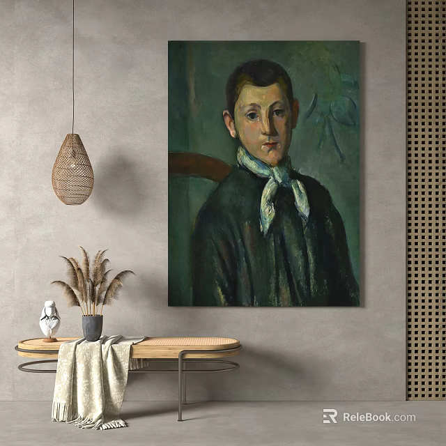 Portrait Painting of Young Boy in Dark Clothing with Light Scarf and Hanging Woven Lamp 3d model 
