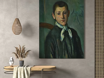 Portrait Painting of Young Boy in Dark Clothing with Light Scarf and Hanging Woven Lamp 3d model