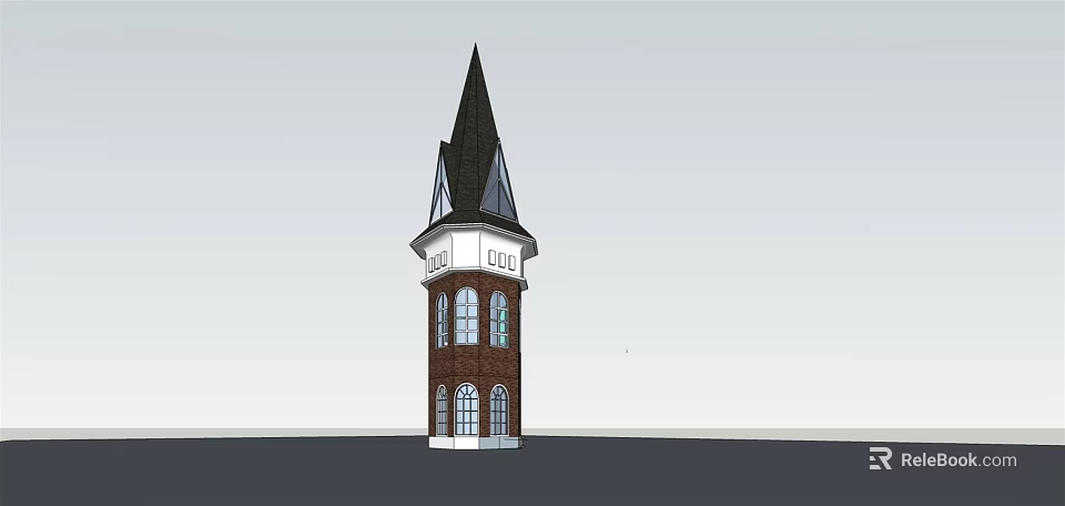 Red Brick Tower With White Section Steeple And Arched Windows 3d model 