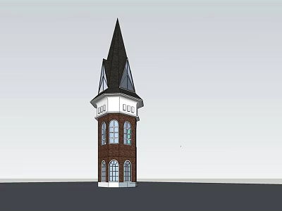 Red Brick Tower With White Section Steeple And Arched Windows 3d model
