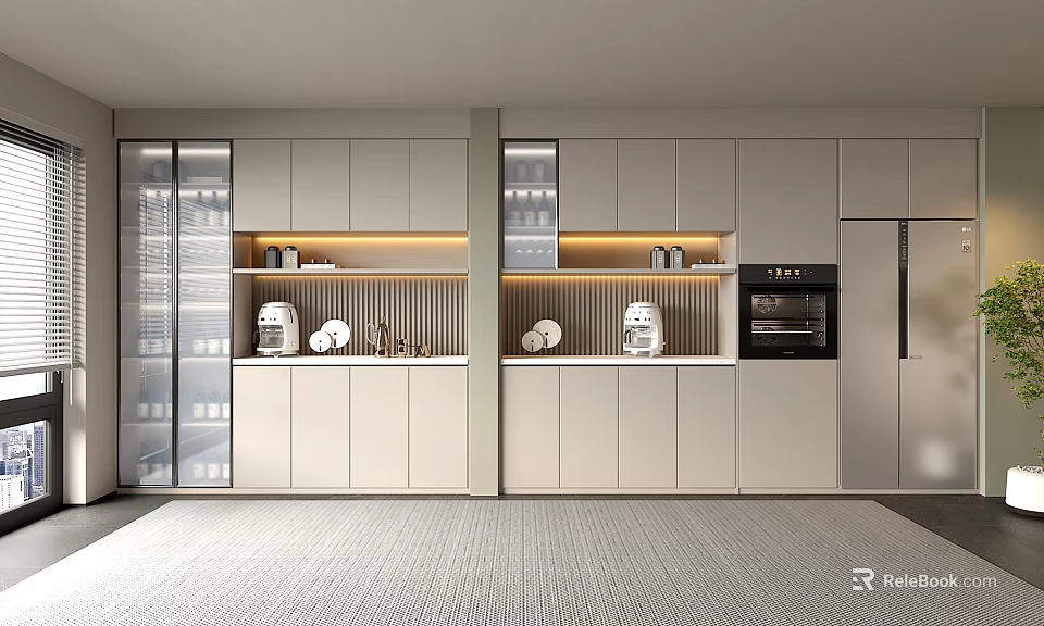 Modern Open Kitchen Sideboard Design With Sleek Cabinets Integrated Lighting And Functional Storage Solutions 3d model