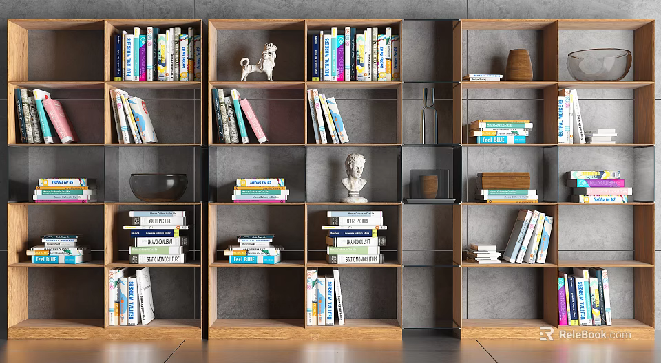 Modern Wooden Bookshelves With Stacked Books Decorative Statues Vase And Ornaments 3d model 