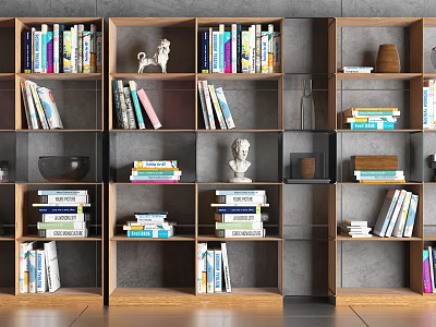 Modern Wooden Bookshelves With Stacked Books Decorative Statues Vase And Ornaments 3d model